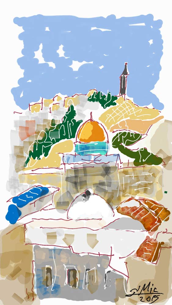 Golden dome and mosque in Jerusalem, with mount olives and church